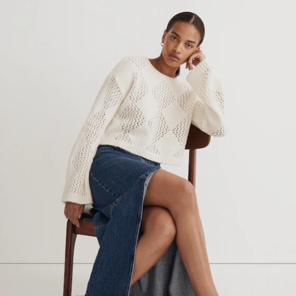 Madewell Diamond-Stitch Crewneck Crop Sweater - Cream - Picture 3 of 10
